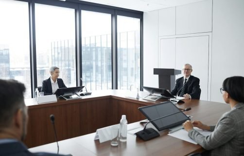 Business professionals in a board meeting in a modern conference room, engaging in discussion.