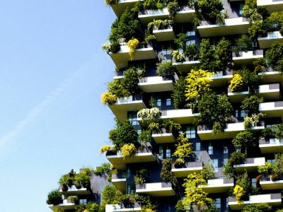 a very tall building with lots of plants growing on it