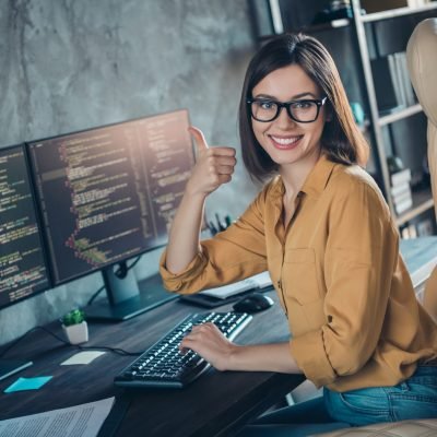 Portrait,Of,Beautiful,Cheery,Girl,Expert,Developing,Web,Project,Showing