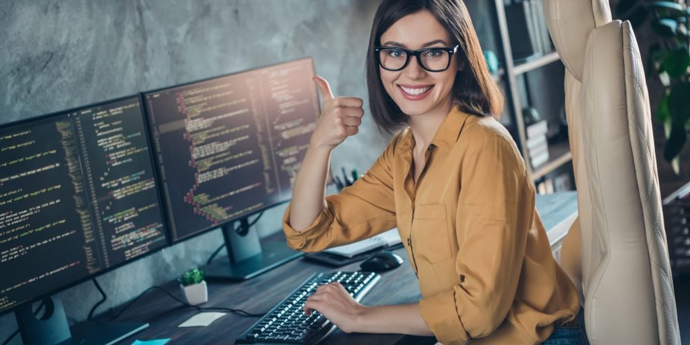 Portrait,Of,Beautiful,Cheery,Girl,Expert,Developing,Web,Project,Showing