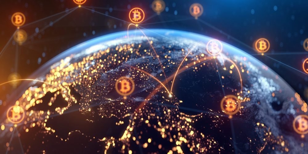 Global,Bitcoin,Blockchain,Network,-,Cryptocurrency,World,Map,,Digital,Finance,